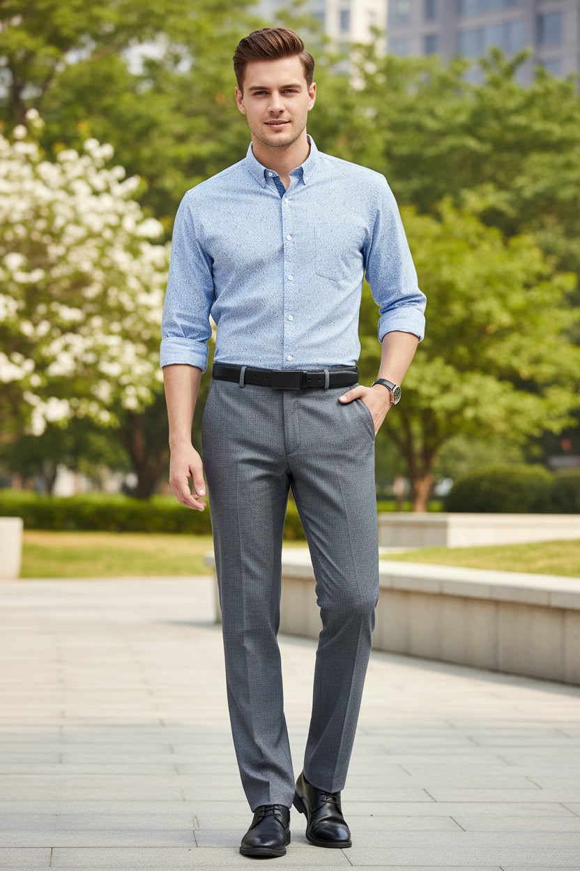 Blue dress pants worn by a person on a white background