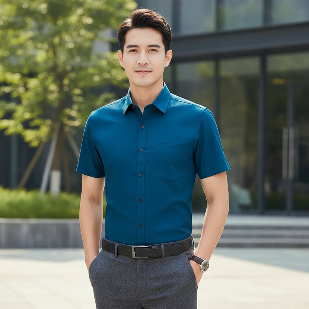 Folded blue shirt on a white background