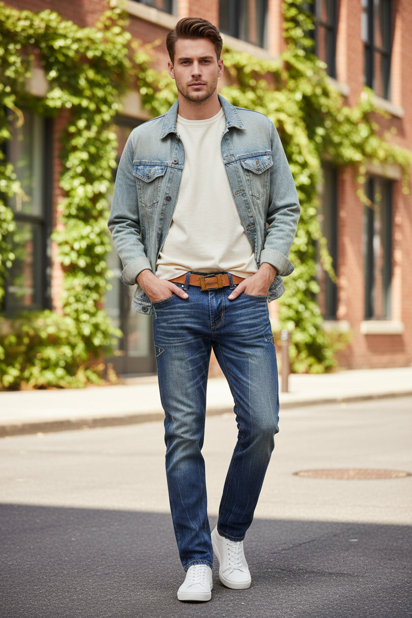 Blue jeans with a brown belt on a white background
