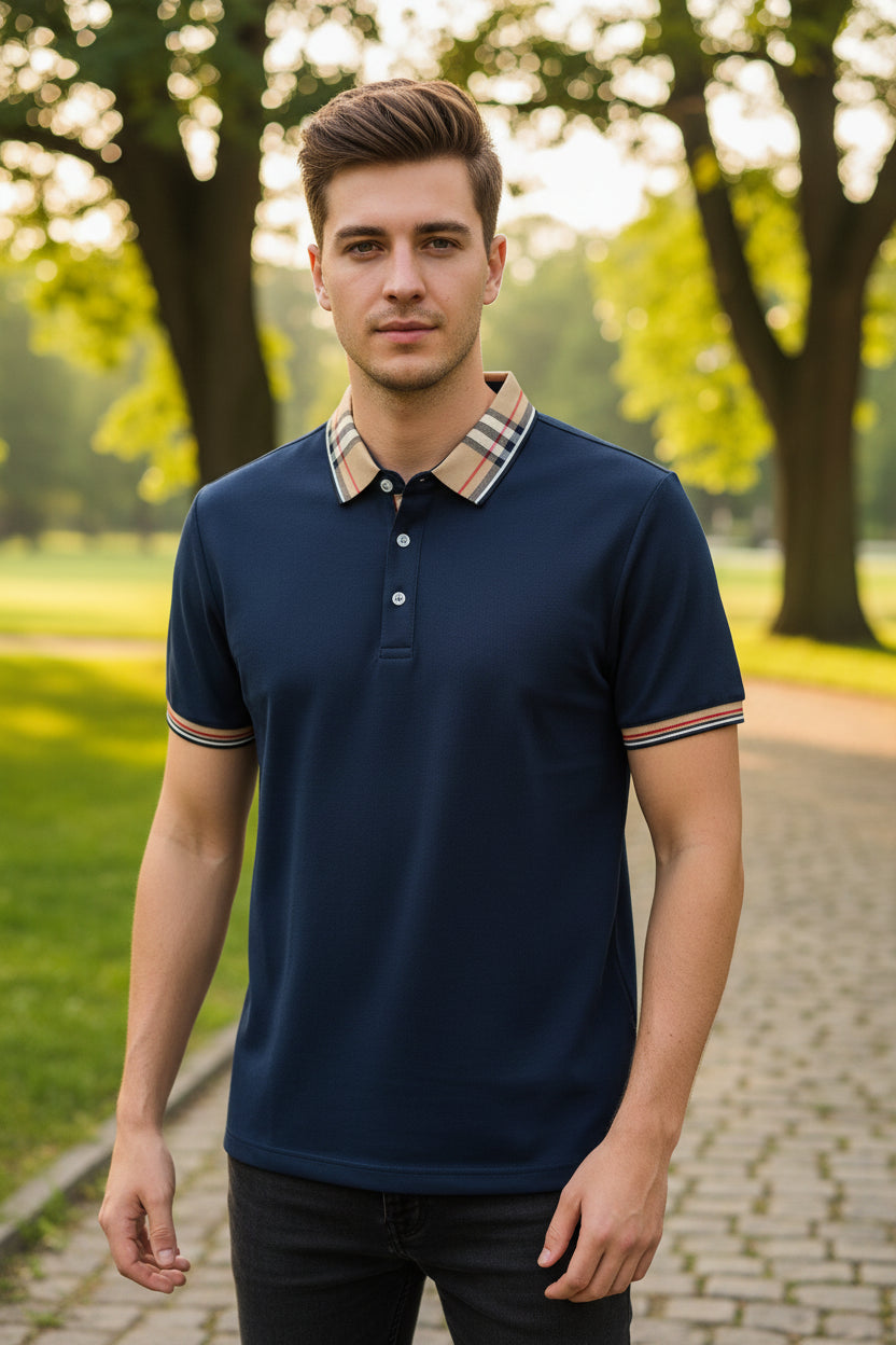 Luxury Men's Short Sleeve Polo Shirt  Breathable Cotton with Striped Collar