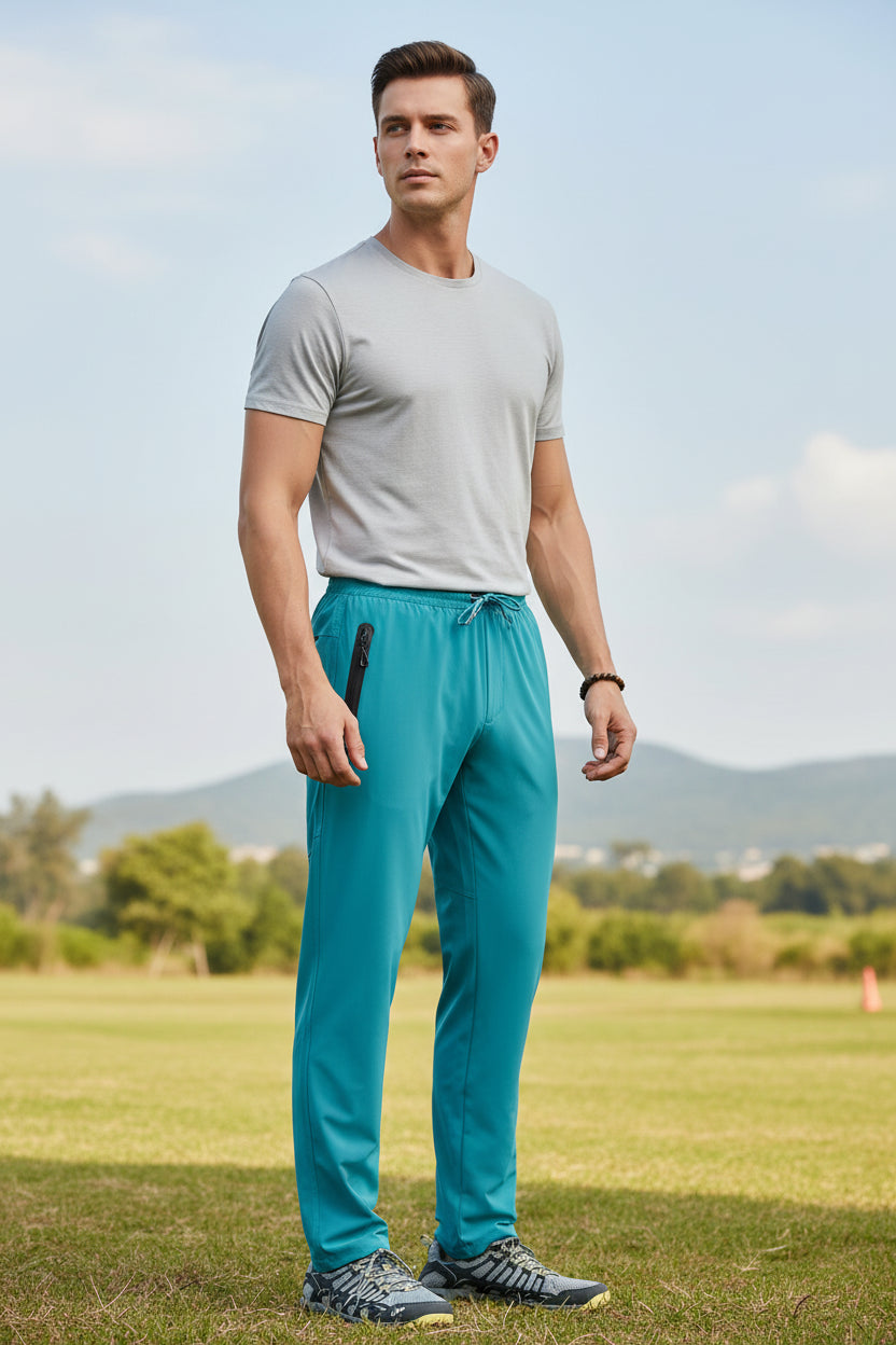 Teal athletic pants with a zipper pocket on a white background