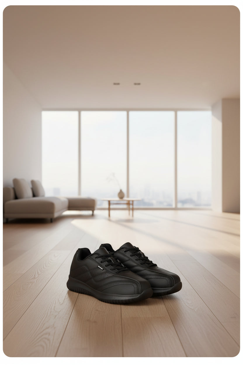 Person holding a pair of black sneakers on a blurred outdoor background