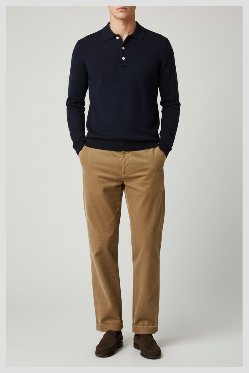 Person wearing a black sweater and brown pants standing against a green background with a chair and bag in the corner.