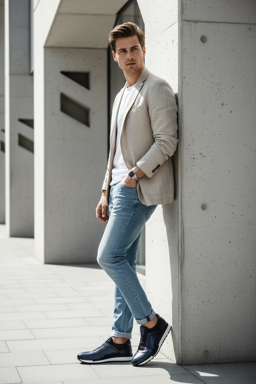 Pair of blue slip-on shoes with black accents on a white background