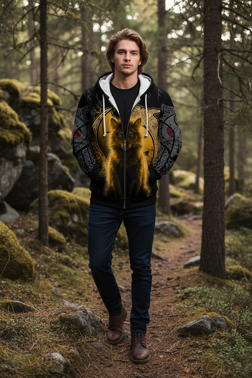 Hoodie with a wolf design andRunes on a black background
