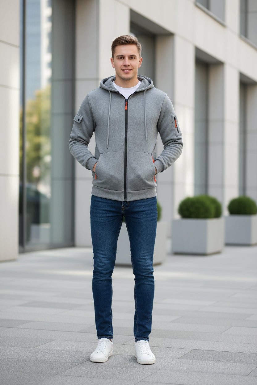 Gray hoodie with orange accents on a white background
