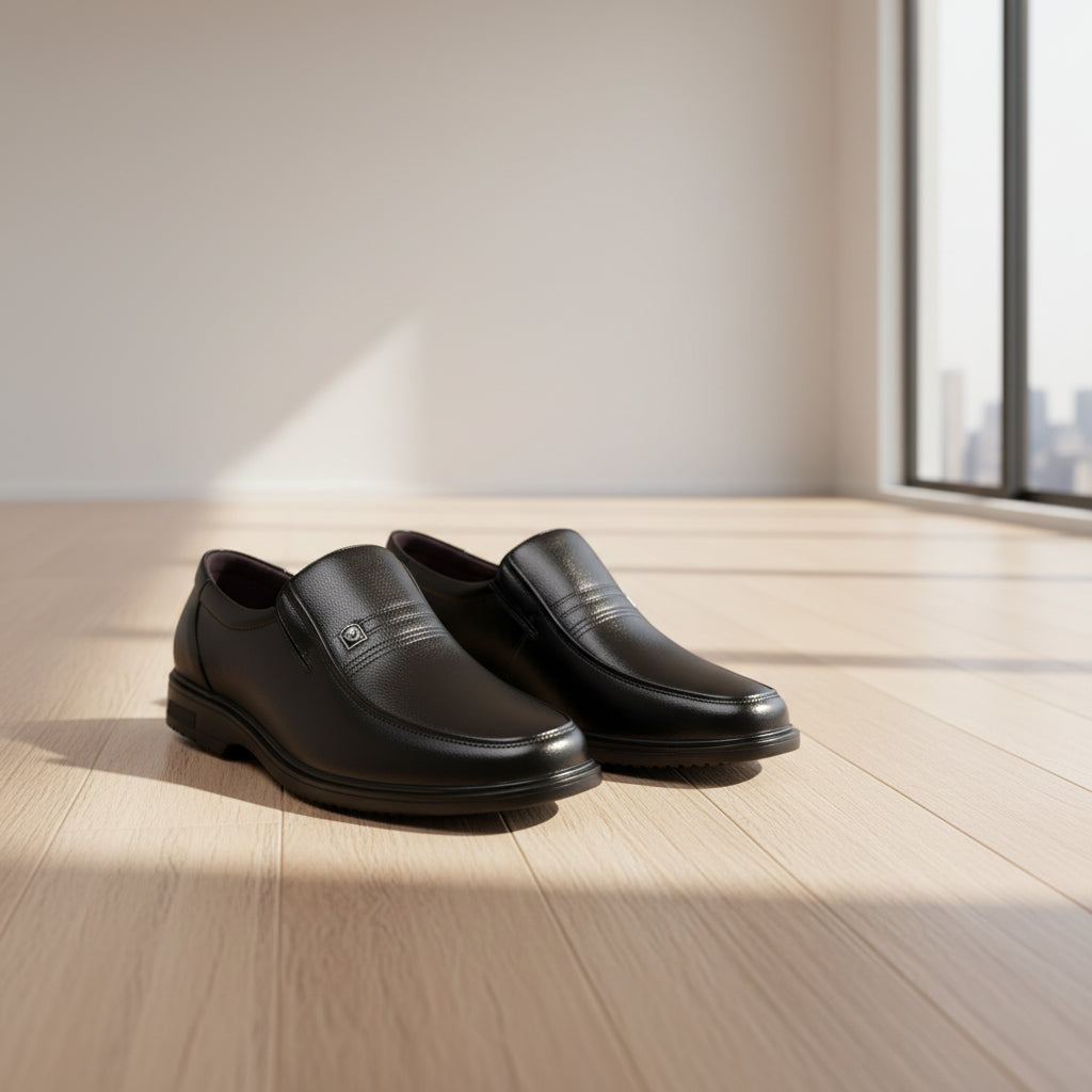 Black leather shoes on a textured surface with a watch and striped fabric in the background.