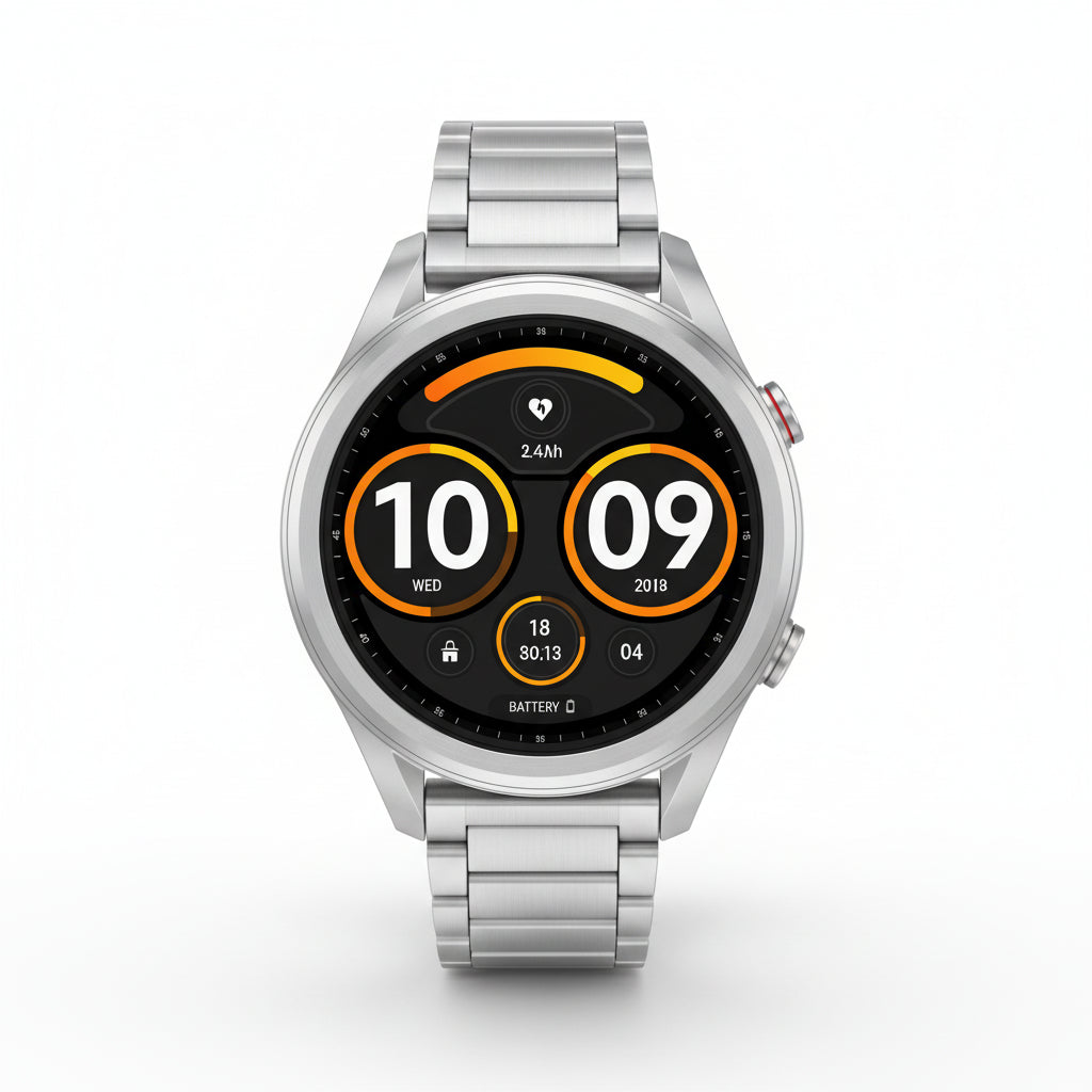 Smartwatch with features highlighted on a promotional graphic