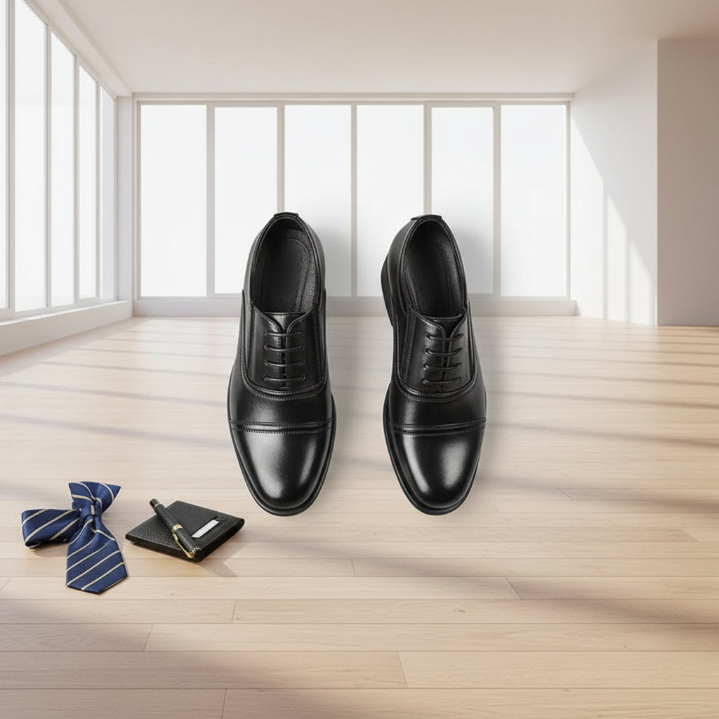 Black dress shoes on a white surface with a blue tie and black wallet.
