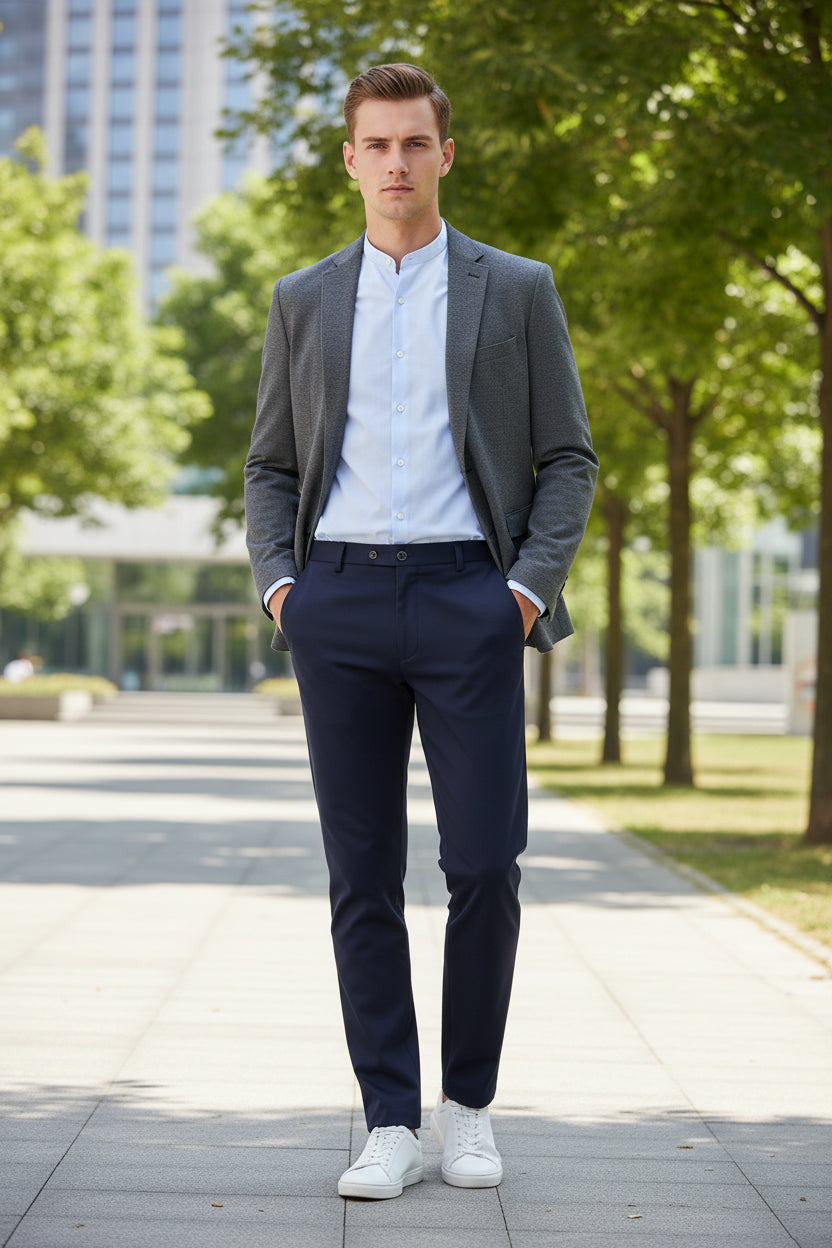 Navy blue pants on a gray background