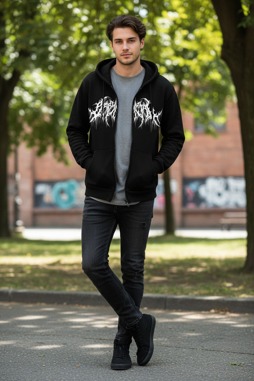 Black hoodie with white graphic design on a textured gray background