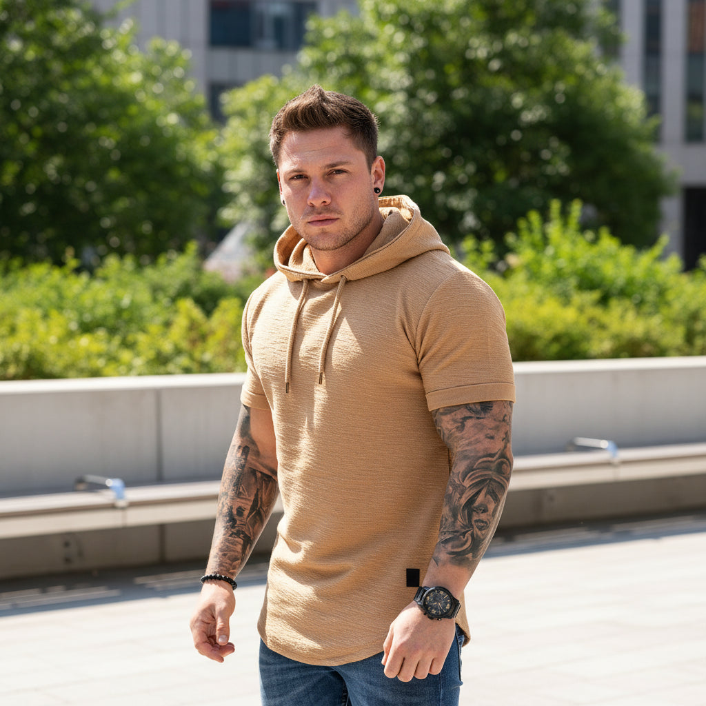 Men's Casual Hooded Sweatshirt - Solid Color Short Sleeve