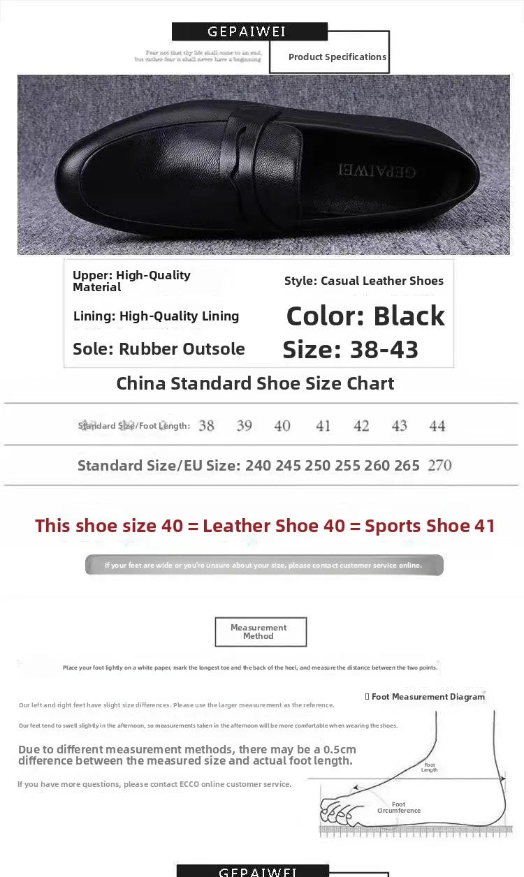 Black leather shoe with product specifications on a gray background