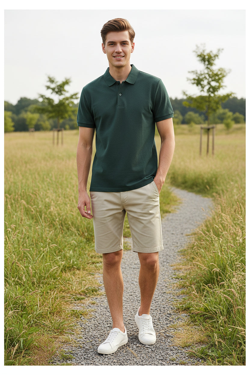Green polo shirt being held by a hand with a blurred background