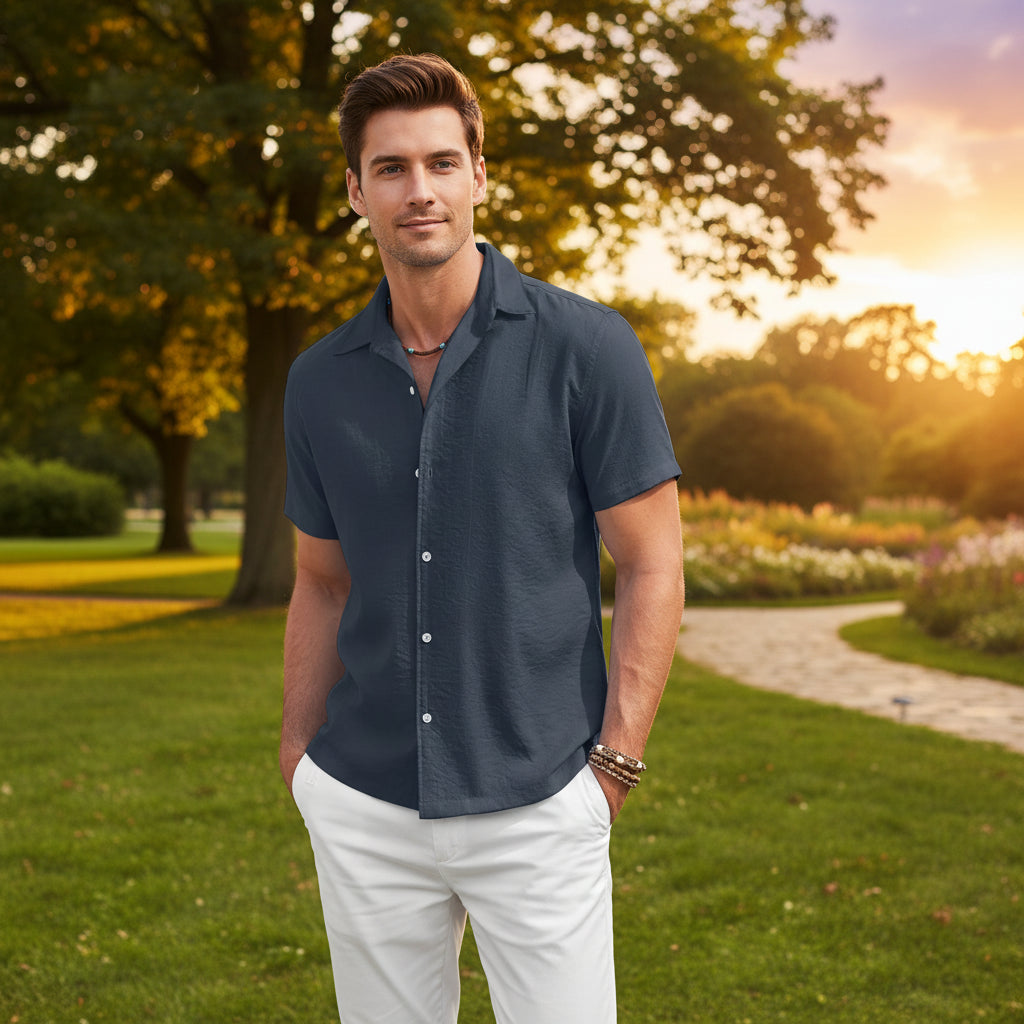 Elevate Your Style with Our Versatile Cotton=Linen Short Sleeved Shirt