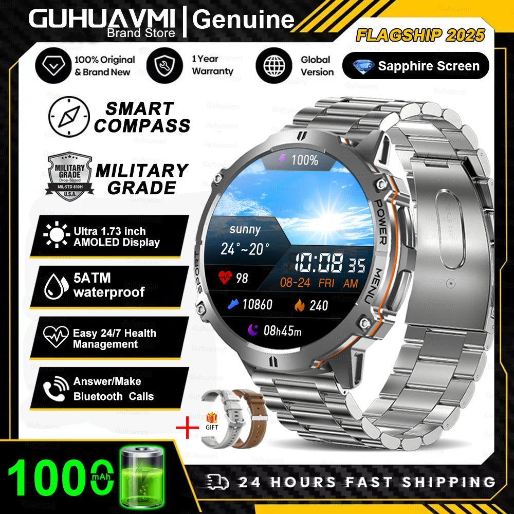 Silver smartwatch with features highlighted on a promotional graphic