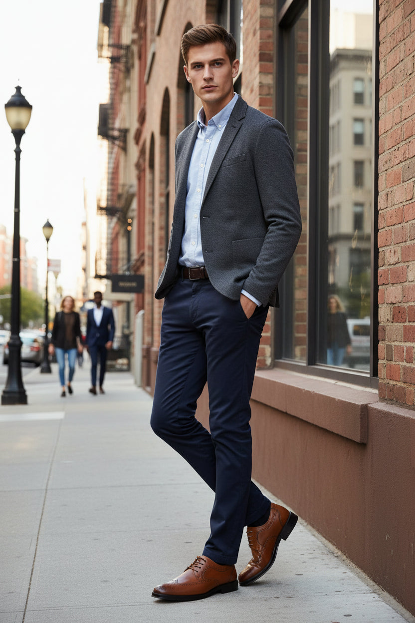 Brown leather dress shoes with 'Fashion' branding on a gray background
