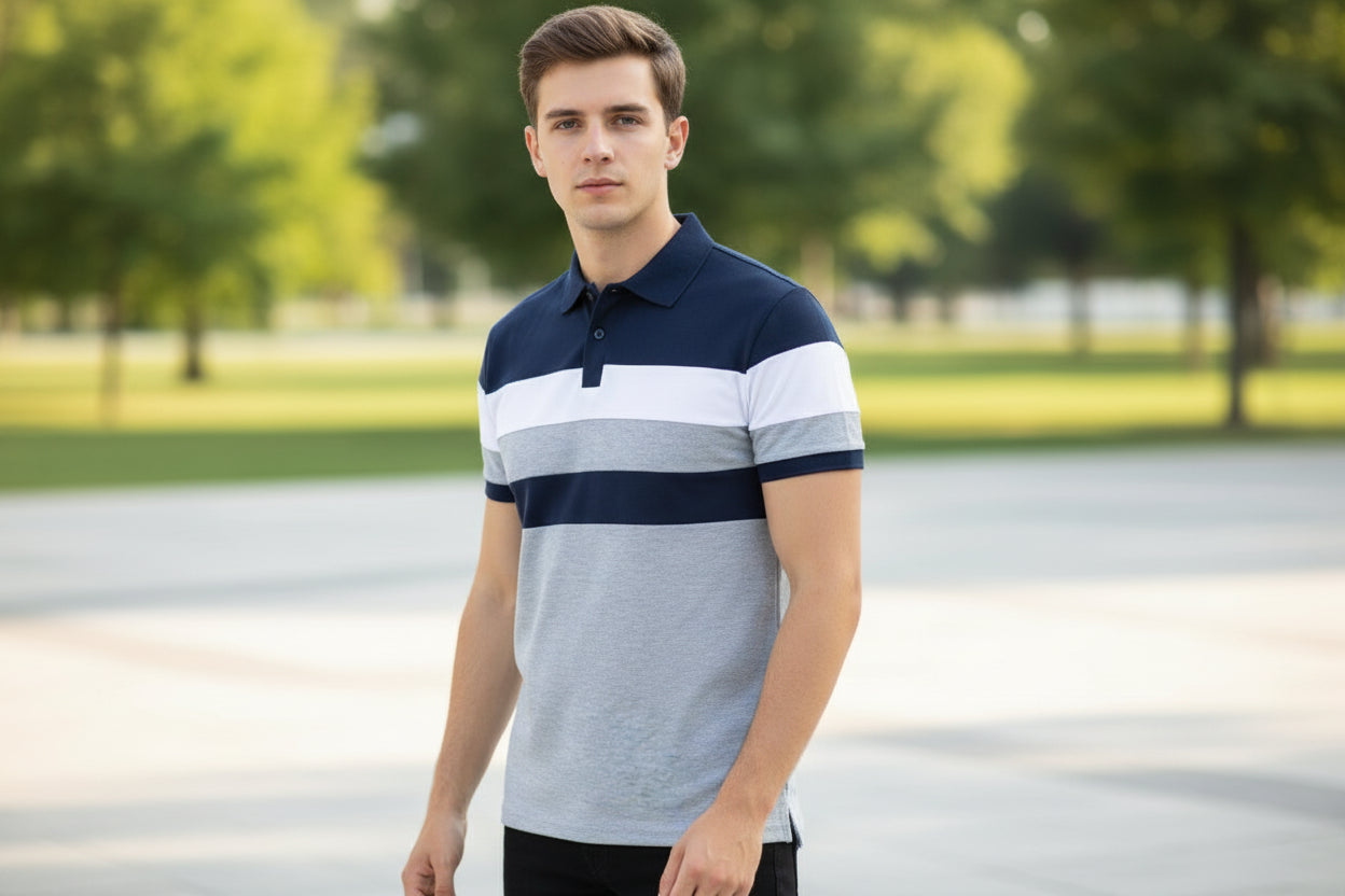 Color-blocked polo shirt with navy, white, and gray stripes on a white background
