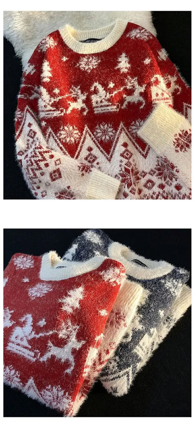 Christmas Couple Sweaters Loose Knitted Thickened Men's round Neck Long Sleeve Casual Winter Fashion Street Style Sweatshirt