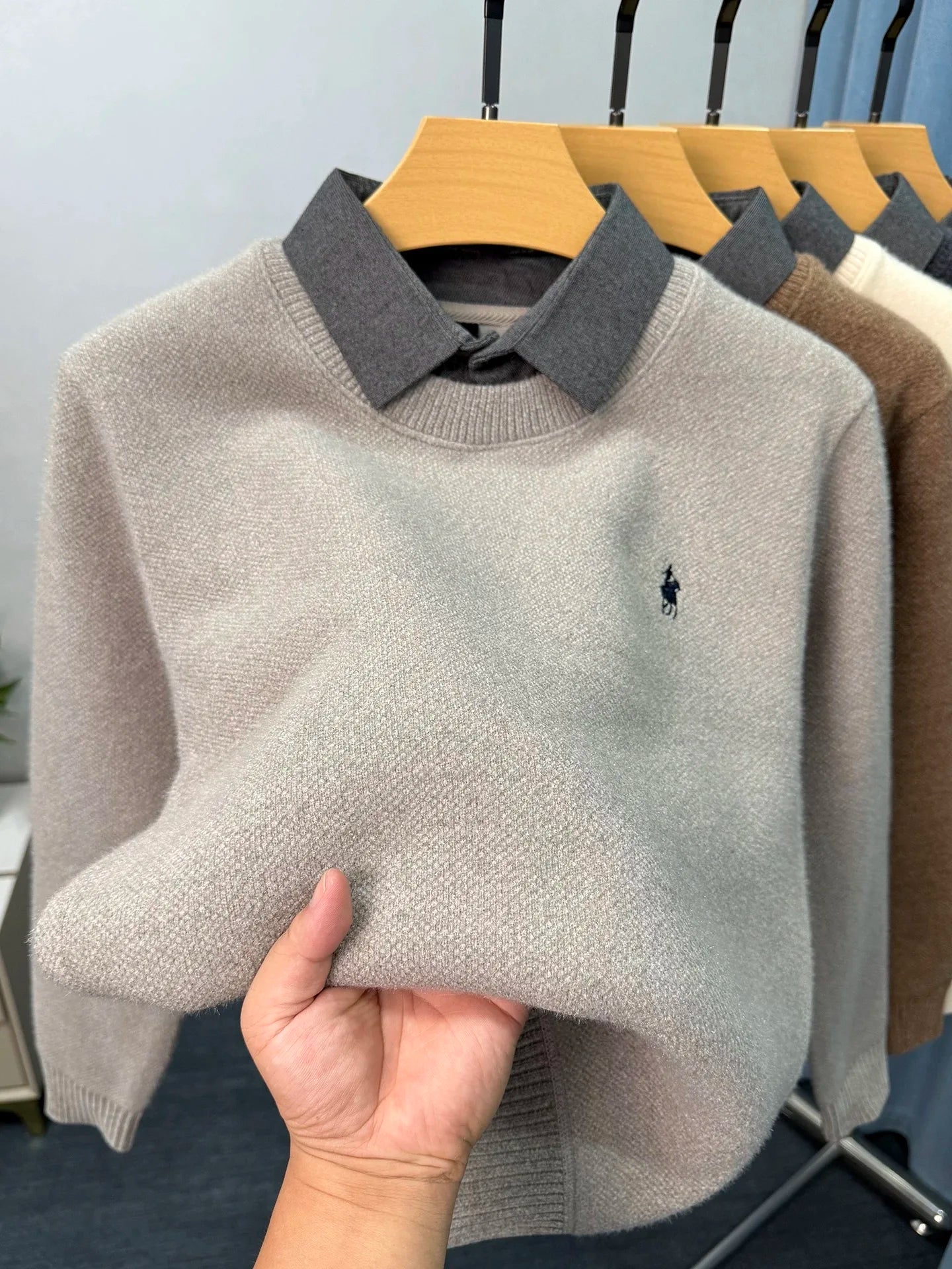 High end trendy pony embroidery men's sweater luxury brand fashion Paul winter velvet warm striped shirt collar knitted pullover