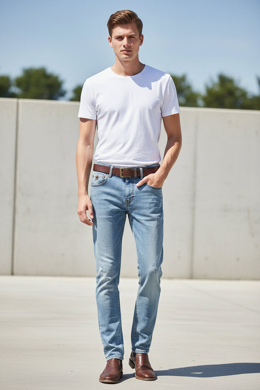 Blue jeans with a brown belt on a light gray background