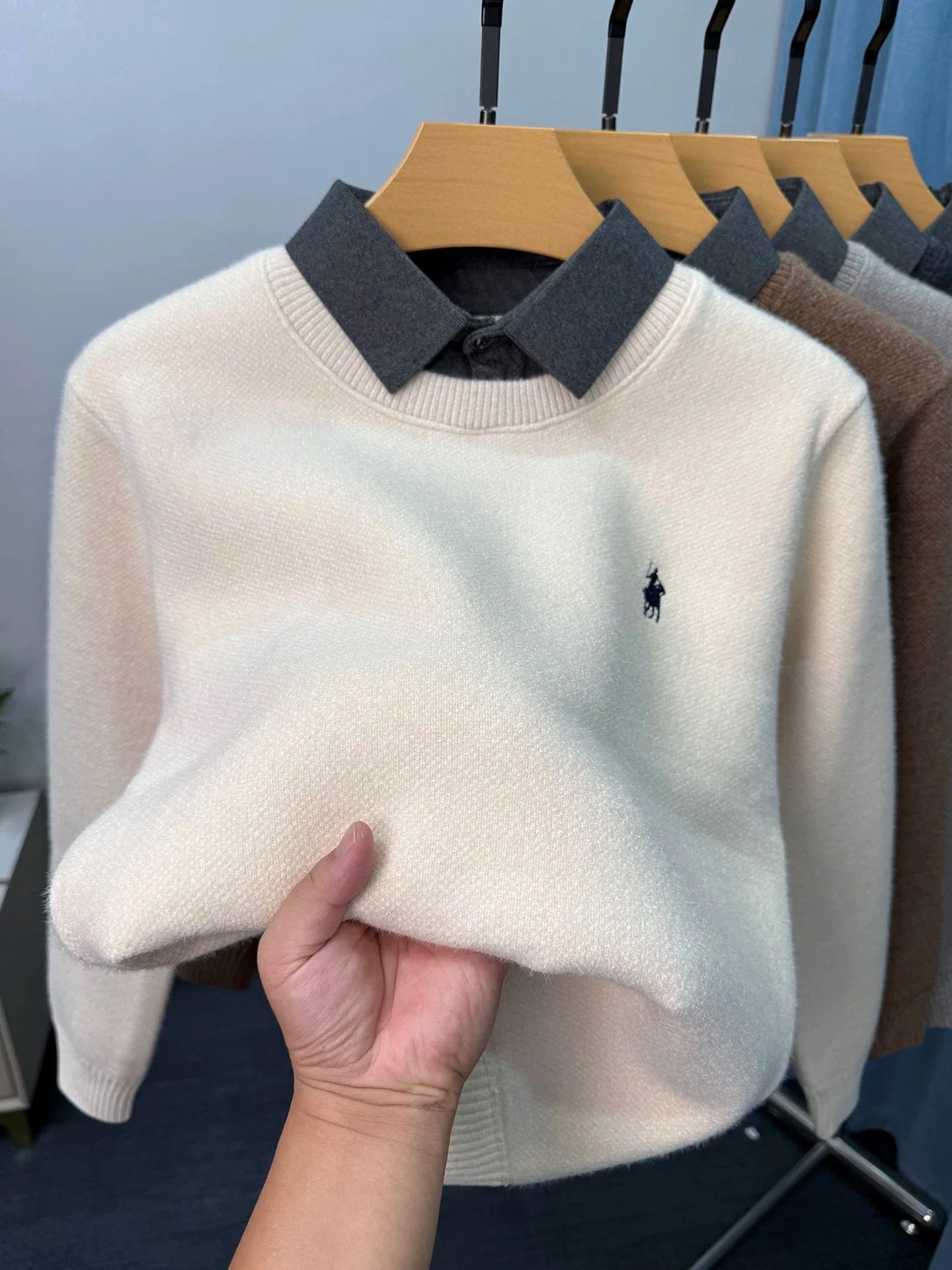 High end trendy pony embroidery men's sweater luxury brand fashion Paul winter velvet warm striped shirt collar knitted pullover