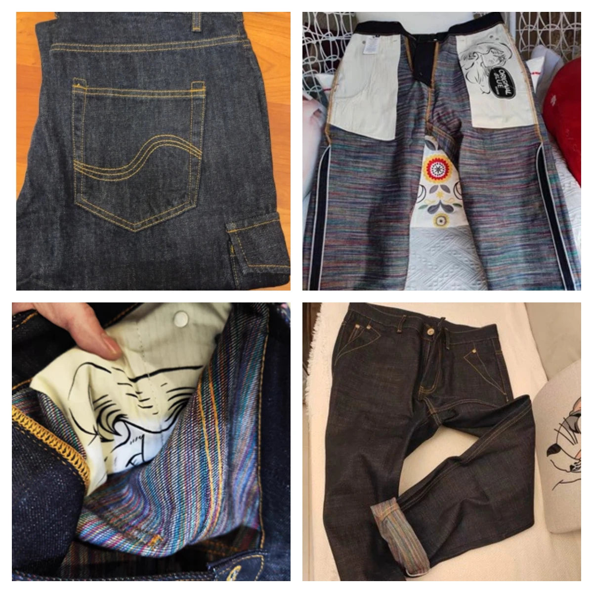 Collage of denim items including a vest, pants, and shirts with visible stitching details.