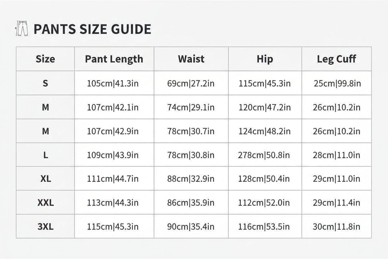 Table displaying pant size chart with measurements for waist, hip, and leg cuff.