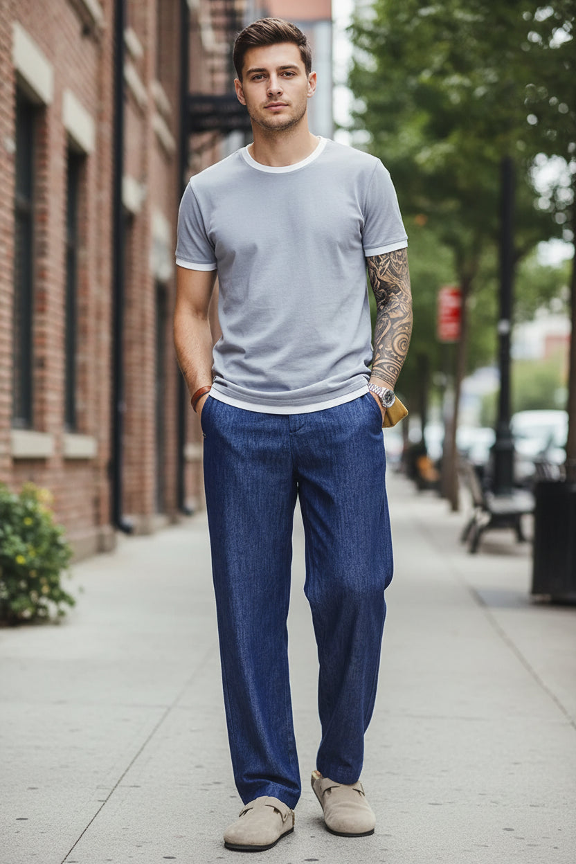 Person wearing blue pants and beige shoes standing in a rustic indoor setting.