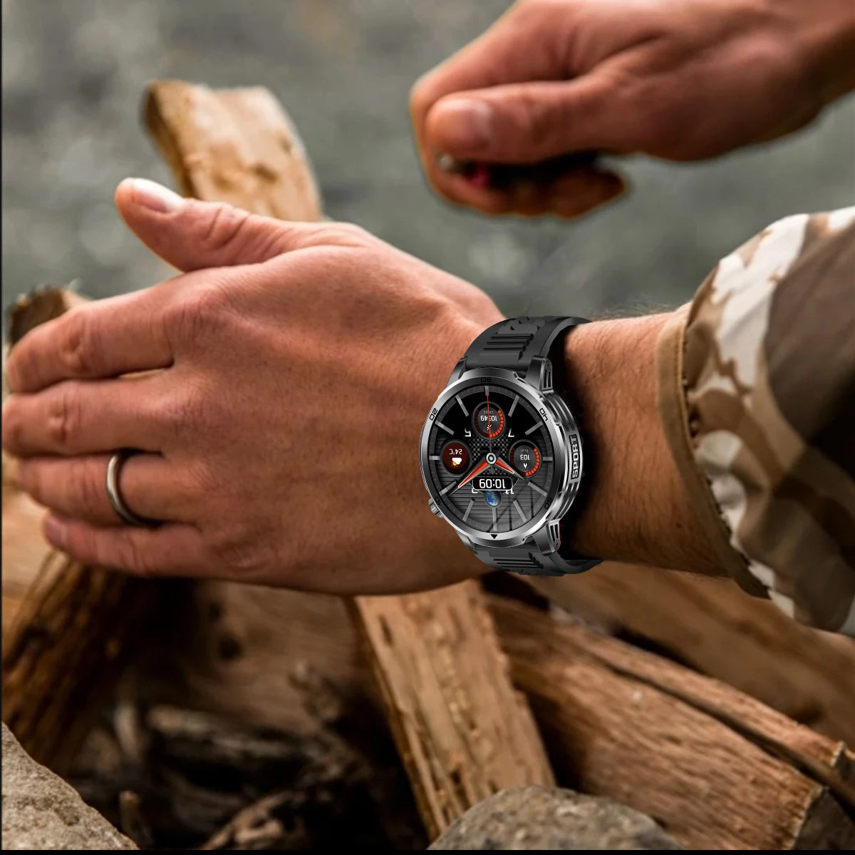 Person wearing a smartwatch outdoors with a natural background
