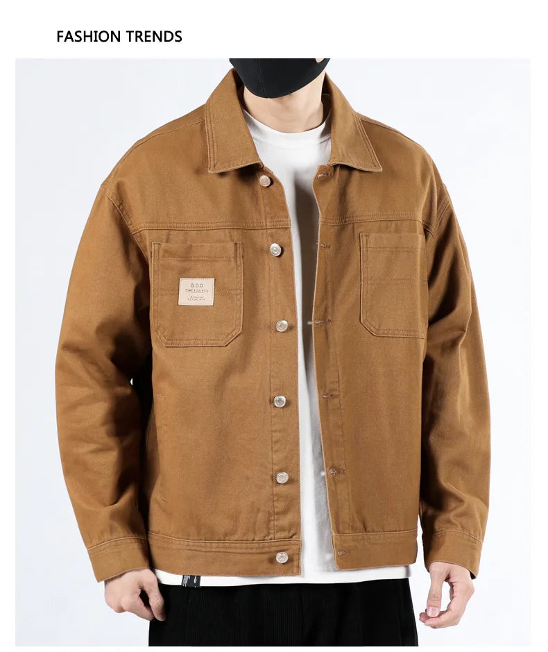 Spring and Autumn 2025 new men's loose and trendy denim jackets, pure cotton men's fashionable workwear jackets size S-4XL