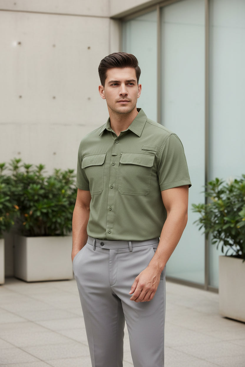 Man wearing a green short-sleeve shirt with pockets on a white background