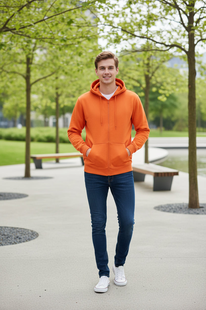 Orange hoodie with a zipper on a white background