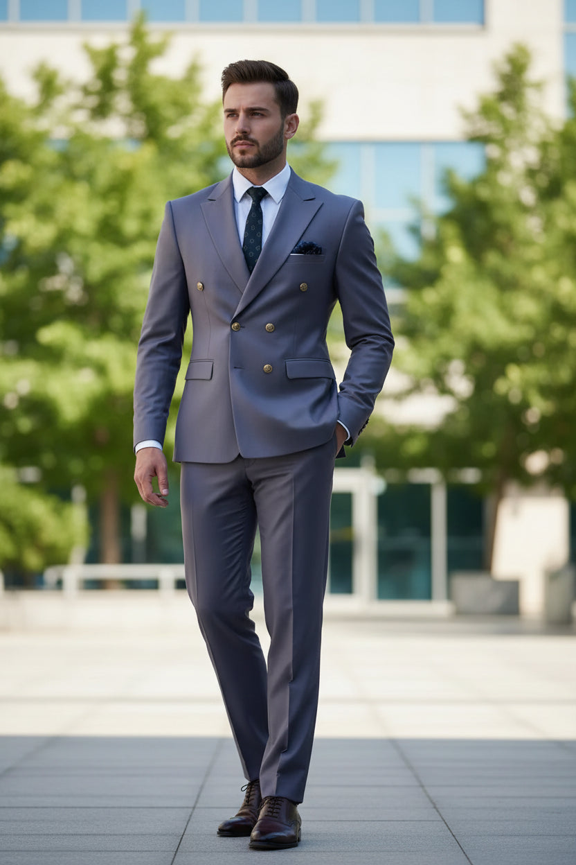 Gray suit with gold buttons worn by a person against a blurred background