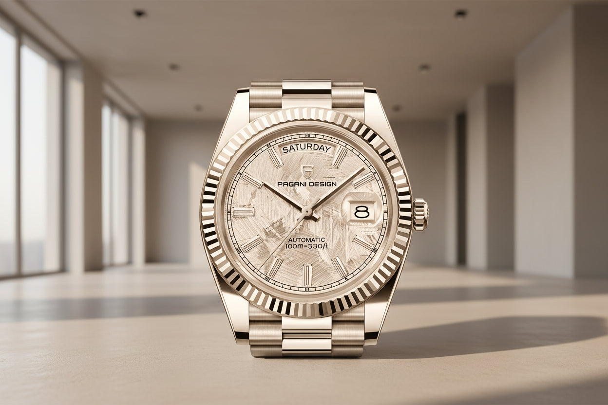 Silver watch with detailed face and bracelet on a white background, featuring 'PAGANI DESIGN' branding.