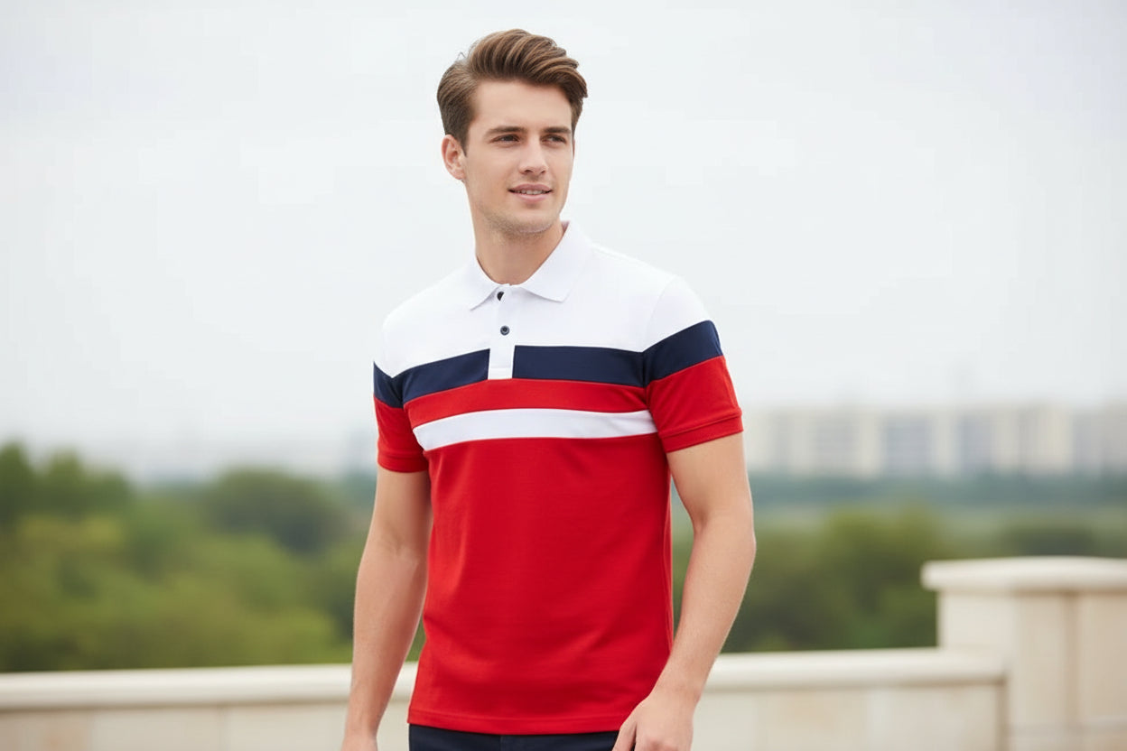 Color-blocked polo shirt with white, blue, and red stripes on a white background