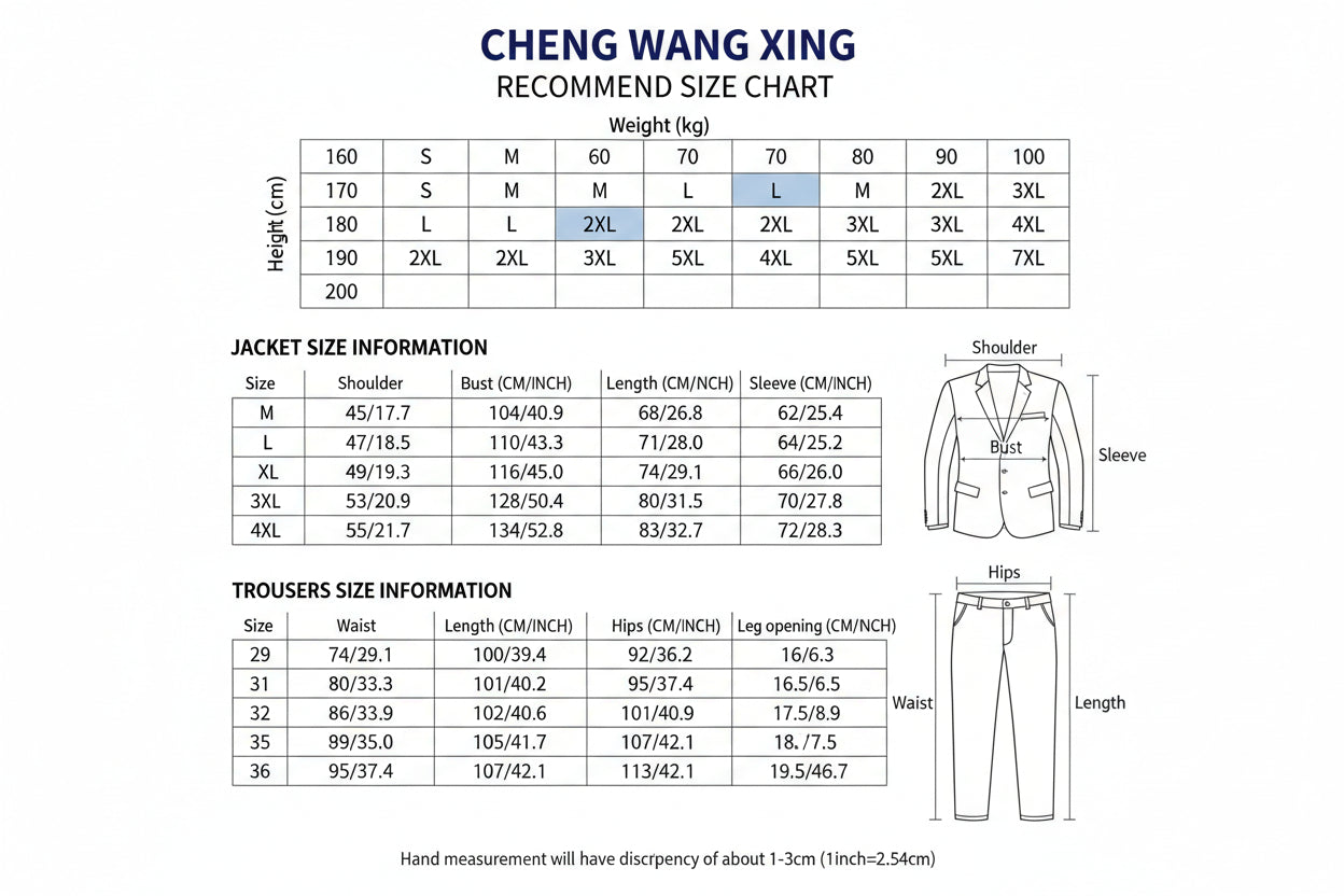 Size chart for jackets and trousers with measurements and weight recommendations.
