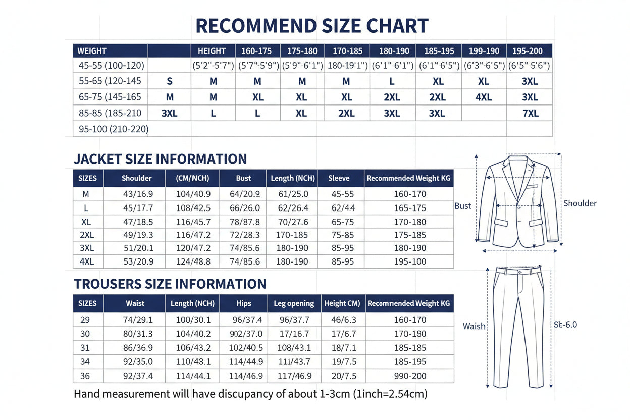 Size chart for jackets and trousers with measurements and weight recommendations.