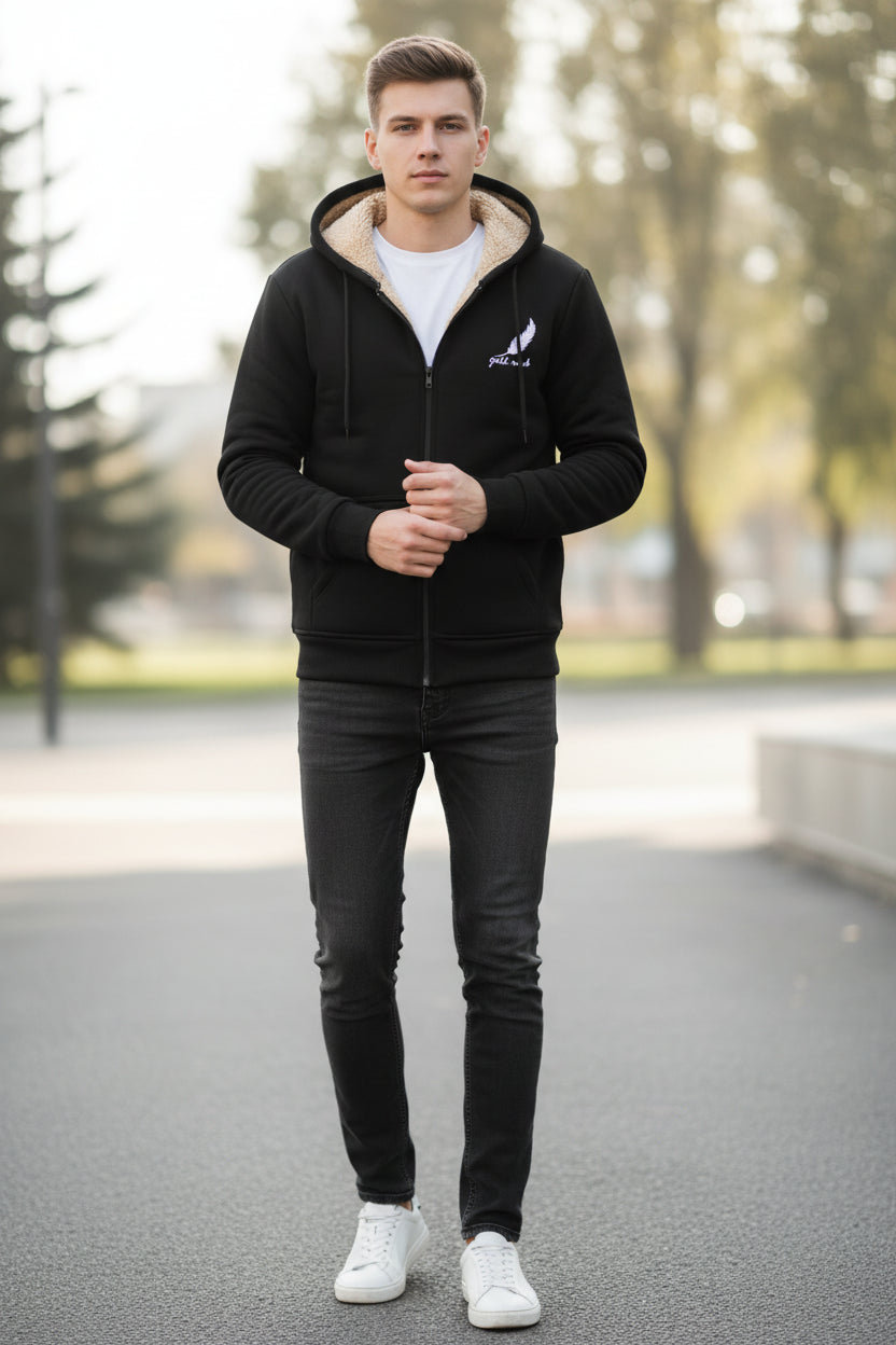 Black hoodie with beige lining on a textured beige background