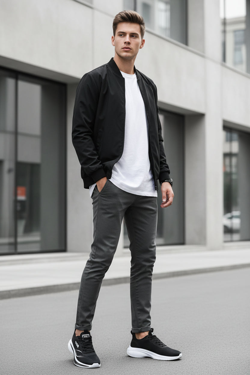 Black running shoes with white sole held by a hand on a gray background