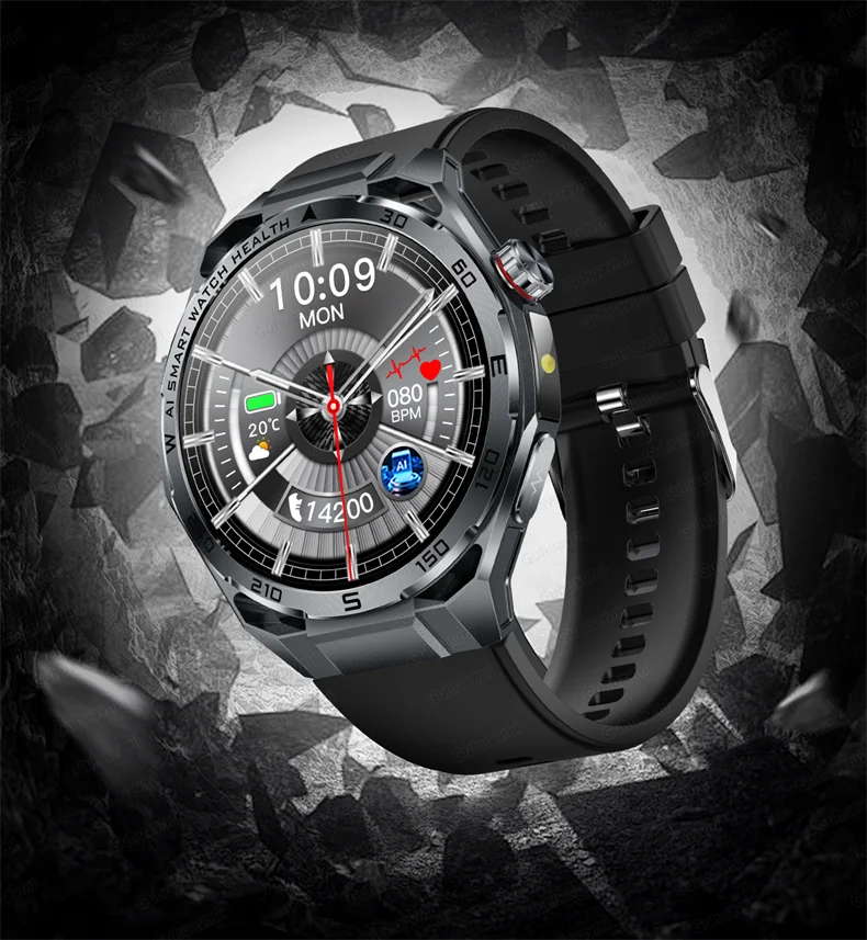 Smartwatch with a black strap on a camouflage background