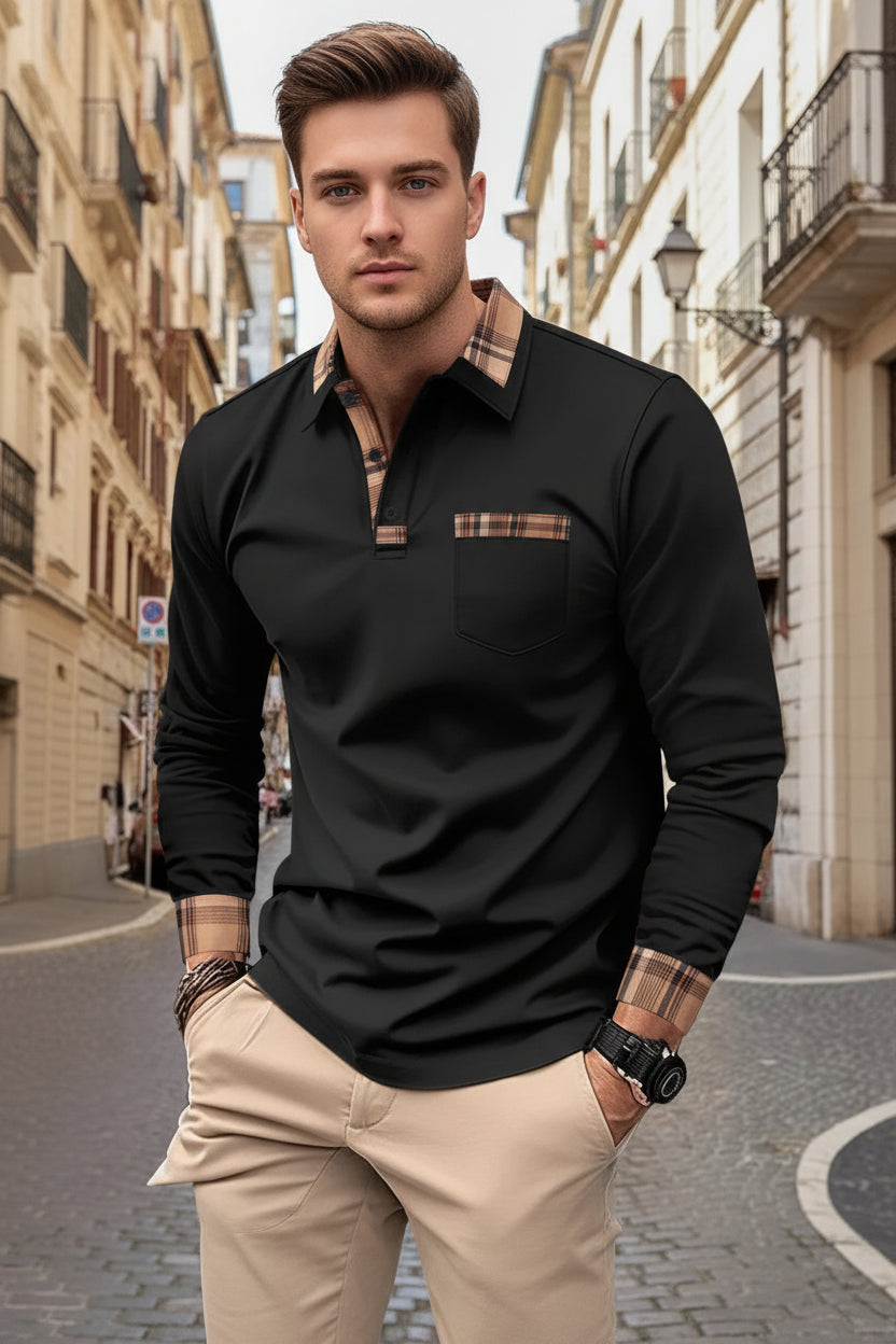 Men's stylish plaid patchwork long-sleeved polo shirt, casual slim fit,