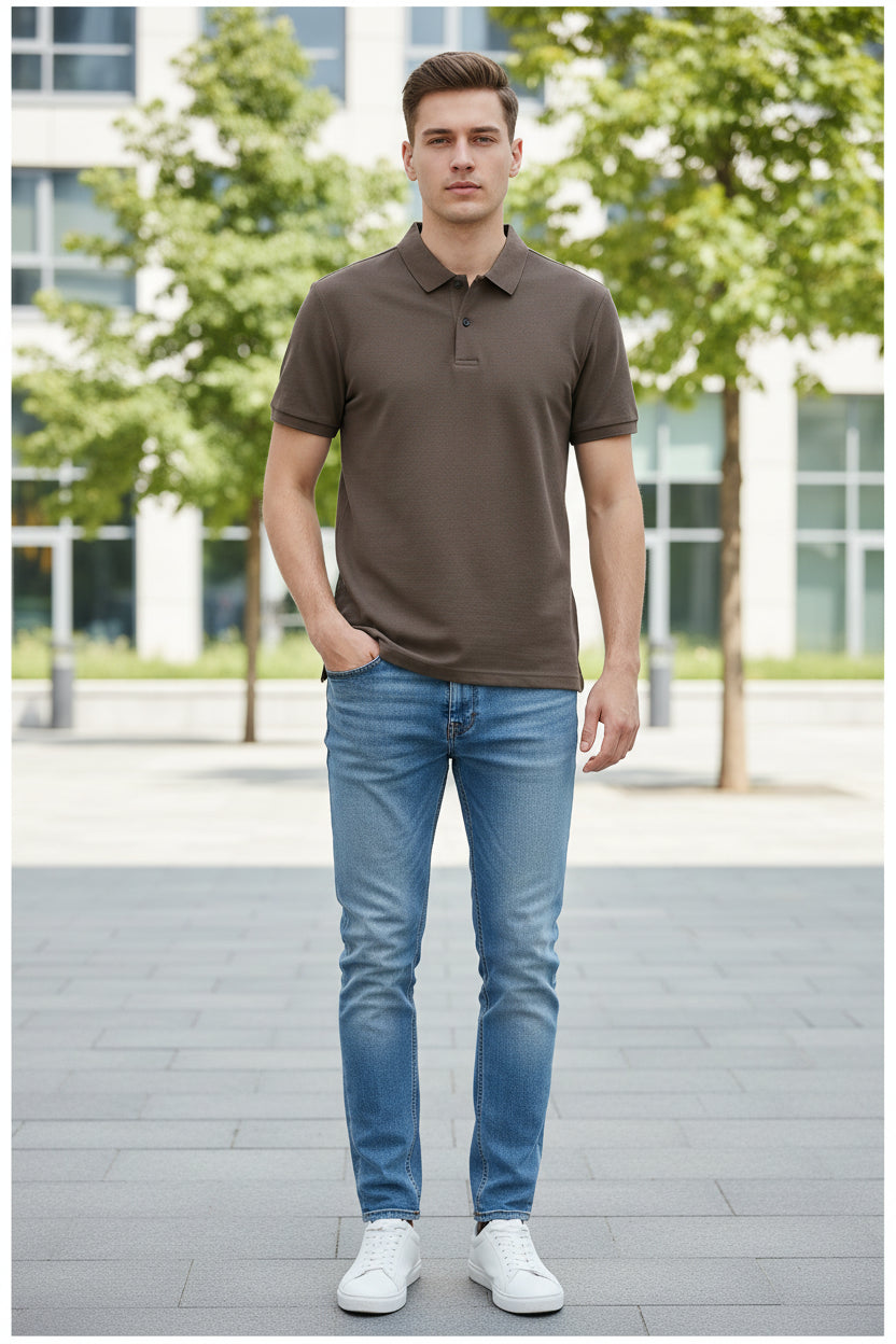 Brown polo shirt on a hanger with a hand touching it, against a blurred background of other shirts.