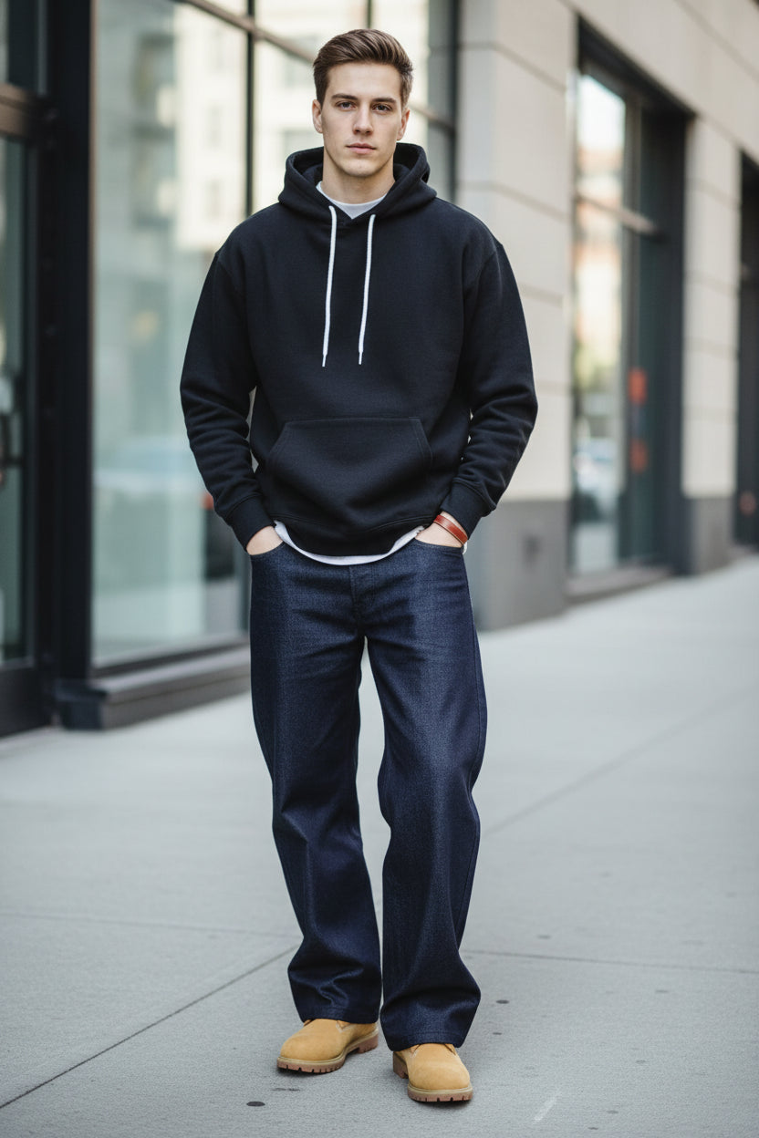 Person wearing dark pants and tan boots sitting on a wooden floor.