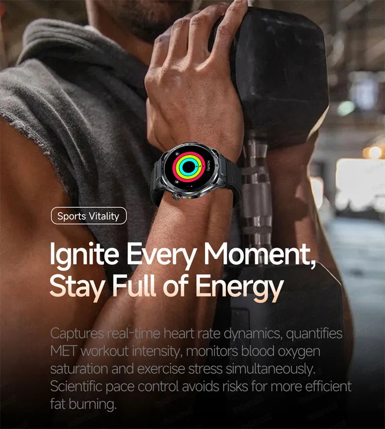 Person lifting weights with a smartwatch displaying fitness data, text about fitness features.