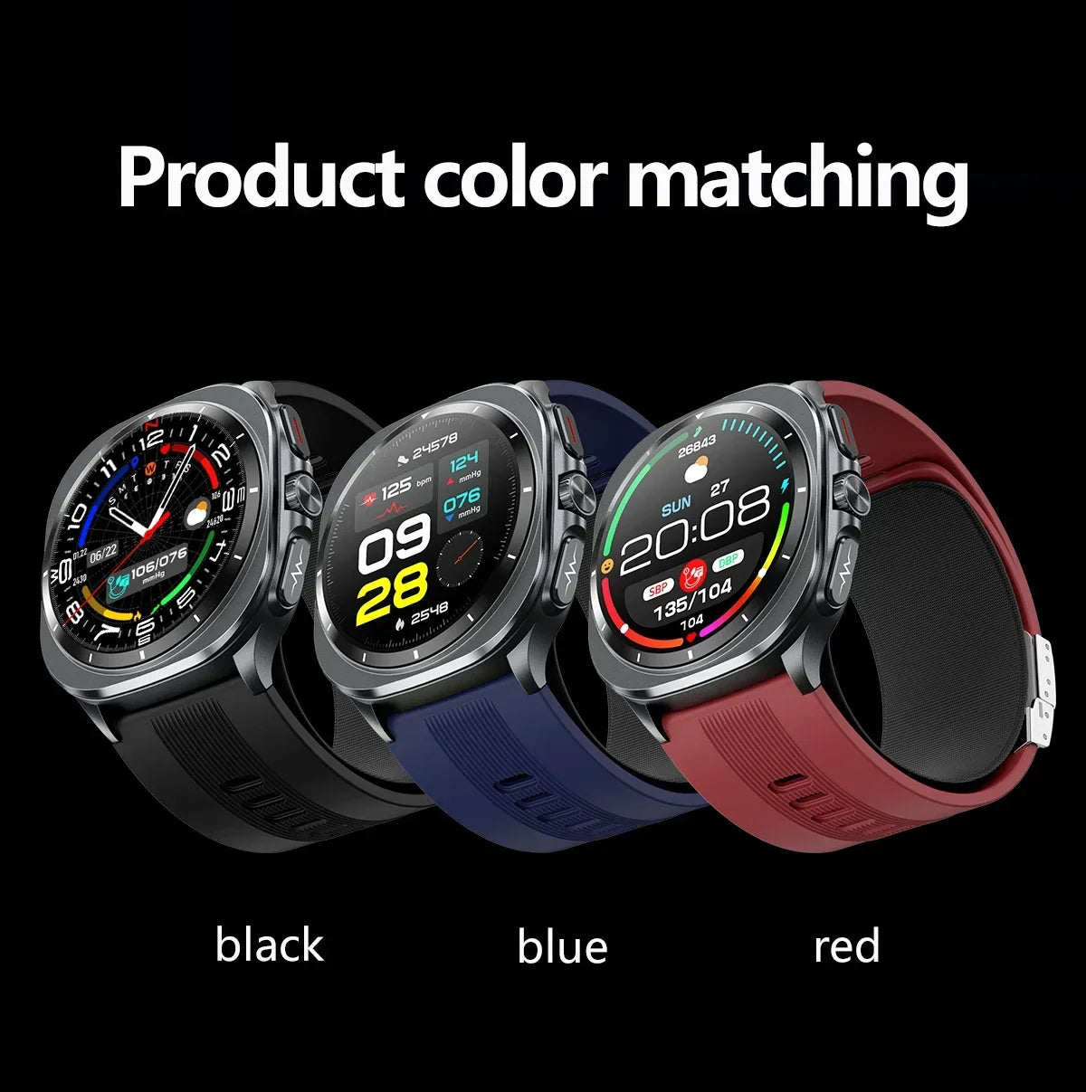 Three smartwatches in black, blue, and red with digital displays on a black background.