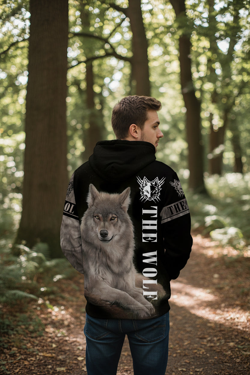 Hoodie with a wolf design and 'The Wolf' text on a white background