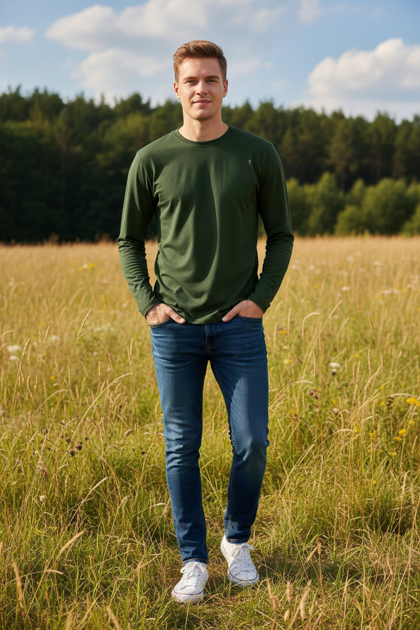 Green long-sleeve shirt on a white background