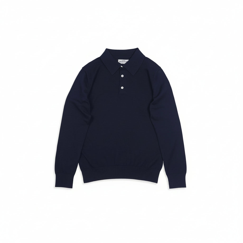 Navy long-sleeve polo shirt on a white background