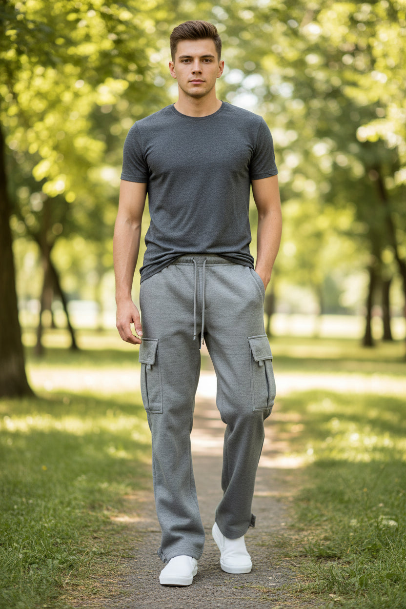Person wearing gray cargo pants on a white background